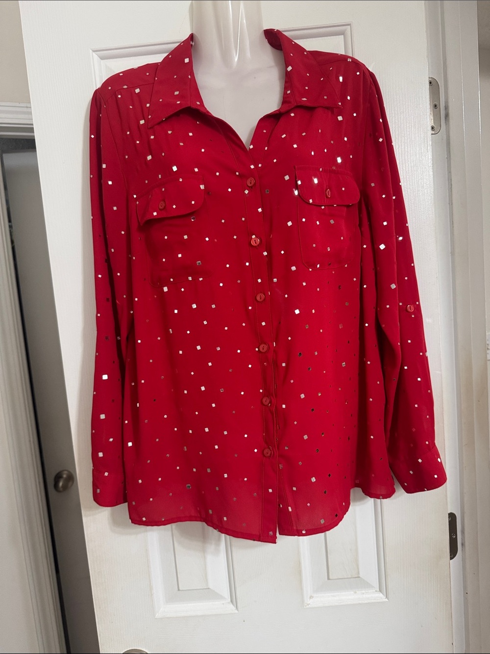 Kim Rogers Red Button-Front Blouse with Metallic Square Accents